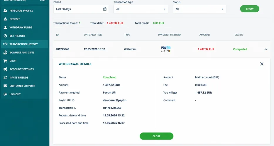 Snímek potvrzení výběru 1 487,32 EUR z casina 22Bet